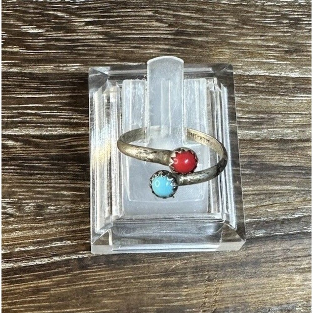 Native Navajo Linda Yazzie Sterling Silver Turquoise/Coral Bypass Ring Sz 6 Adj